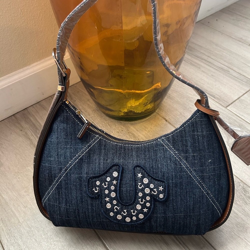 True Religion Blue Crystal Studded denim Shoulder Bag